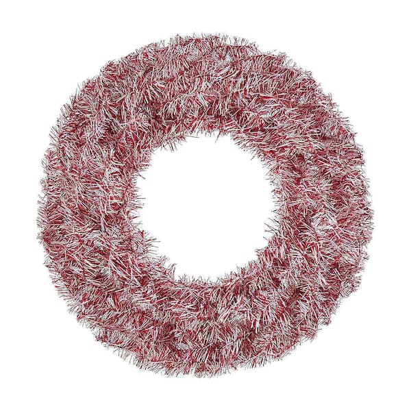 24 in. Red-Silver Unlit Artificial Christmas Wreath with Tinsel
