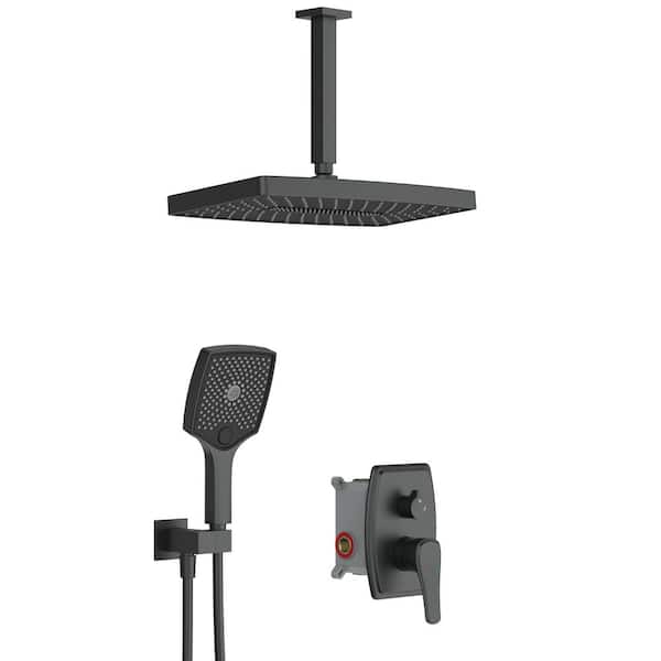 INSTER AIM Single Handle 3-Spray Shower Faucet 2 GPM Ceiling Mount Shower Head with Pressure Balance in Matte Black