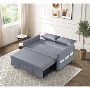 57 in. Gray Modern Convertible Full Size Pull Out Faux Leather Sleeper Sofa Bed Reclining with Adjustable Backrest