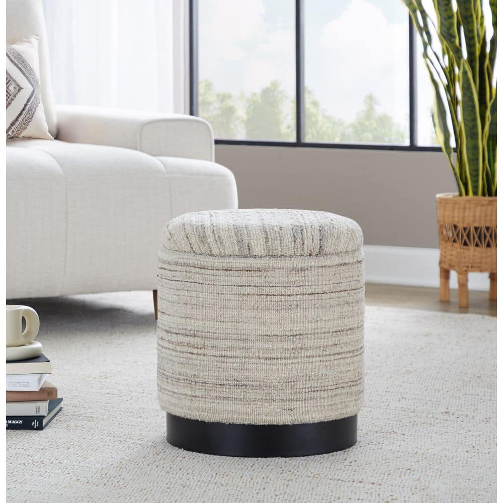 LumiSource Tahoe 18 in. Cream Wool and Black Metal Storage Ottoman
