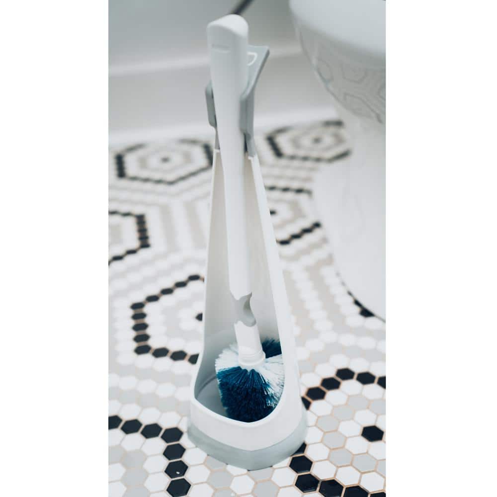 White and Gray No-Drip Toilet Brush Set with Caddy