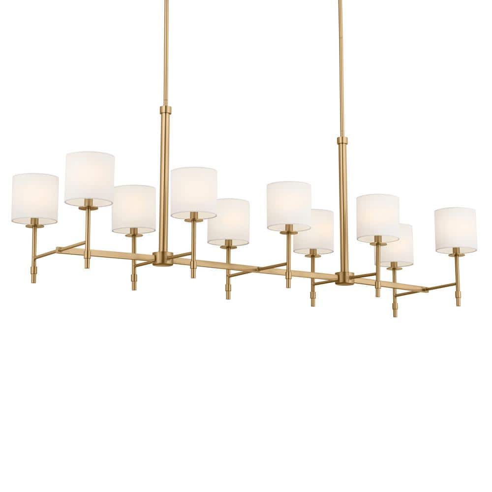 Brushed Brass 10-Light Linear Chandelier with Fabric Drum Shades