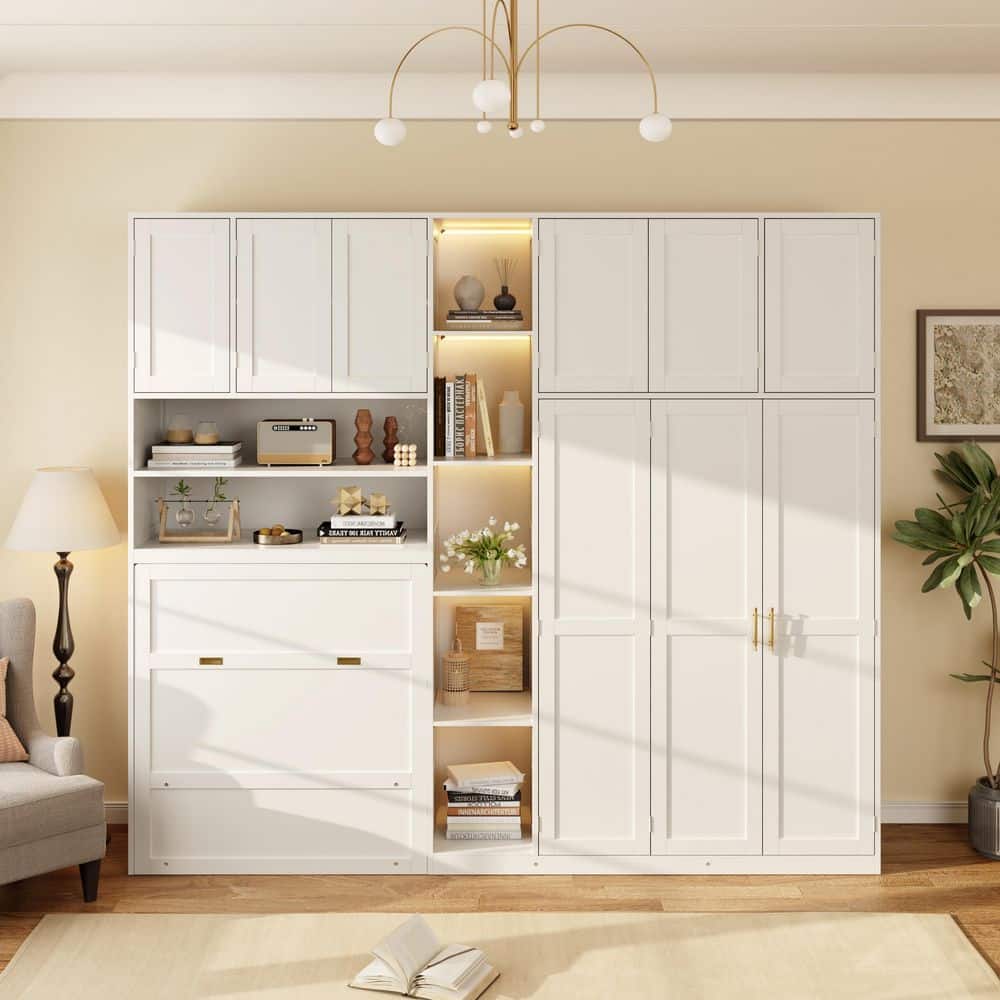 White Wood Frame Twin Murphy Bed with Wardrobe & Storage Shelves, 5-Tier LED Display Shelves, Overhead Cabinets price history on PriceWatchPro