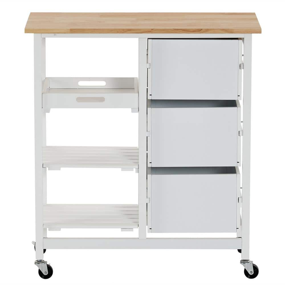 Karl home White Rubberwood Top Kitchen Cart with Drawer Storage and ...