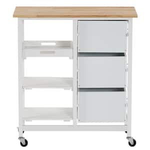 White Rubberwood Top Kitchen Cart with Drawer Storage and Shelves