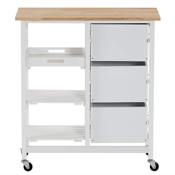 Karl home White Rubberwood Top Kitchen Cart with Drawer Storage and Shelves