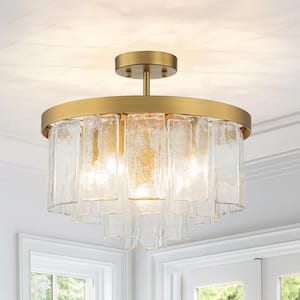 Hielo 15.7 in. W Farmhouse Gold Chandelier 5- Light Water Rippe Glass Flush Mount Close to Ceiling Light for Dining Room