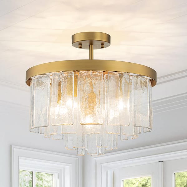 HUOKU Hielo 15.7 in. W Farmhouse Gold Chandelier 5- Light Water Rippe Glass Flush Mount Close to Ceiling Light for Dining Room