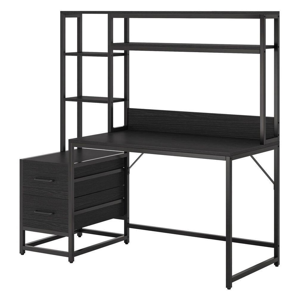 Moronia 55.1 in. Rectangular Black Engineered Wood 2-Drawer Computer Desk with Hutch and Shelves