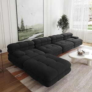 146.4 in. Square Arm Teddy Velvet L-Shape Deep Seat Modular Sofa with Movable Ottoman in Black