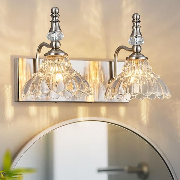 Home Lighting 15.75 in. 2-Light Nickel Vintage Bathroom Vanity Light with Flower Glass Shade Over Mirror for Bathroom