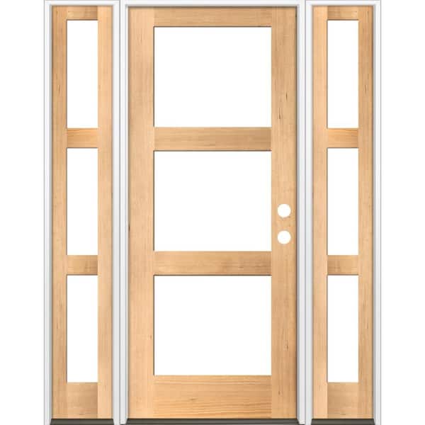 Krosswood Doors 64 in. x 96 in. Modern Hemlock Left-Hand/Inswing 3-Lite Clear Glass Clear Stain Wood Prehung Front Door with Sidelites