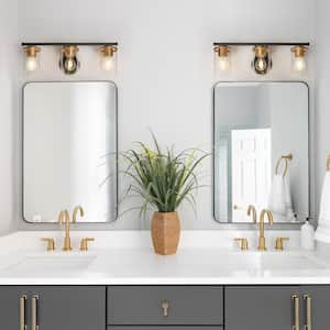 Modern 21.6 in. Matte Black and Satin Gold 3-Light Vanity Light with Cylinder Clear Glass Shades Bathroom Wall Light