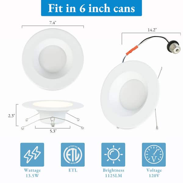6 in. 5 CCT Selectable LED Recessed Retrofit Trim, 1125 Lumens Dimmable Integrated LED Downlight