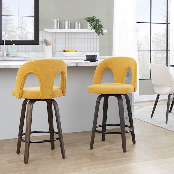 Ava Upholstered 38.5 in. Walnut Glazed Wood and Yellow Fabric Fixed-Height Counter Stool (Set of 2)