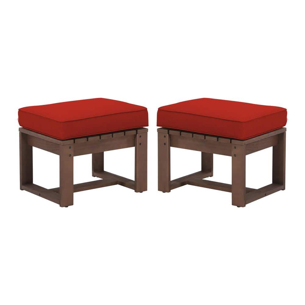 Wicker Outdoor Wood Frame Ottoman with Red Cushions (Set of 2)