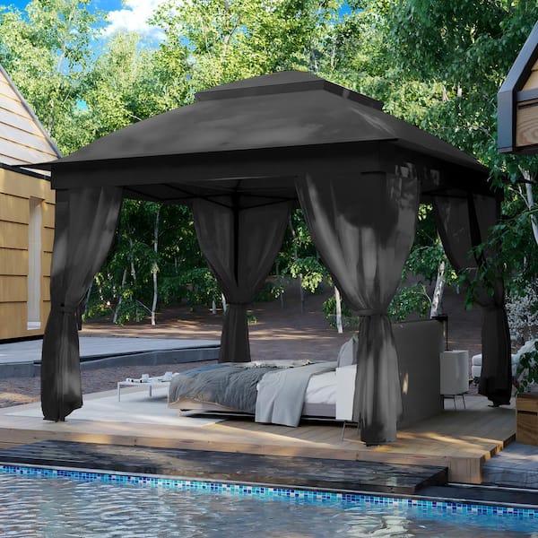 Gardenbee Black Steel Portable Pop Up Gazebo with Mosquito Netting