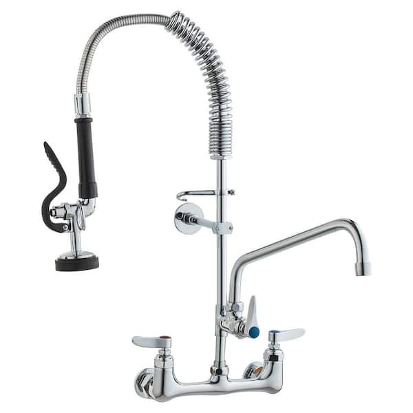 Commercial Wall Mount Triple Handle Pull Down Sprayer Kitchen Faucet with Pre-Rinse Sprayer Stainless Steel
