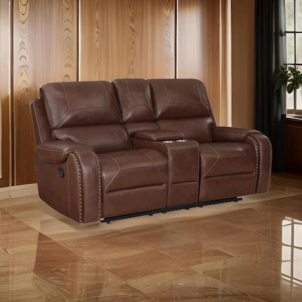 Benjara 76 in. Pillow Top Arm Faux Leather Rectangle Recliner Loveseat Sofa in Brown