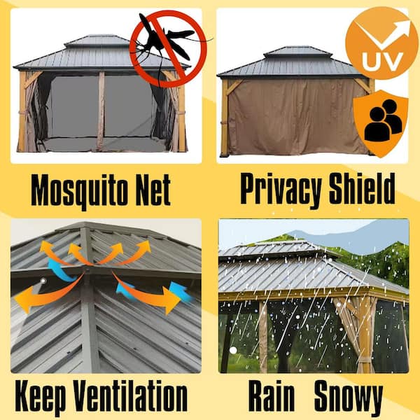 12 ft. x 12 ft. Brown Outdoor Cedar Wood Frame Canopy with Galvanized Steel Double Roof Hardtop Gazebo with Curtains