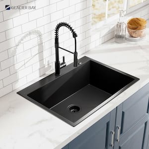 30 in. Drop-In Single Bowl 18 Gauge Black Stainless Steel Kitchen Sink with Black Spring Neck Faucet