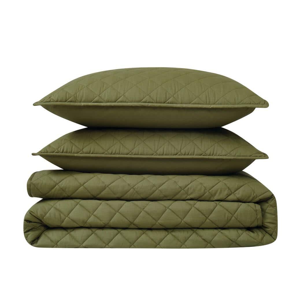 Olive Green Cotton Full Quilt Set with Shams