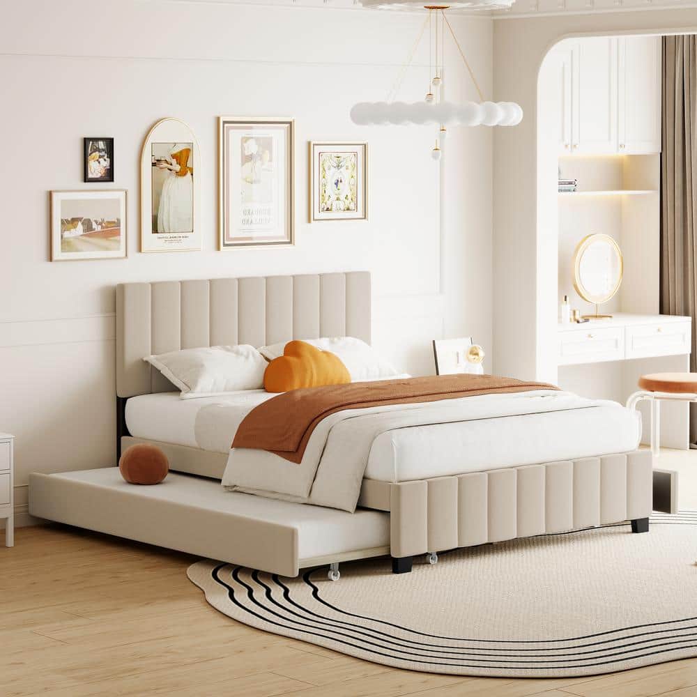 Beige Wood Frame Queen Size Upholstered Platform Bed with 2-Drawers and Twin XL Trundle