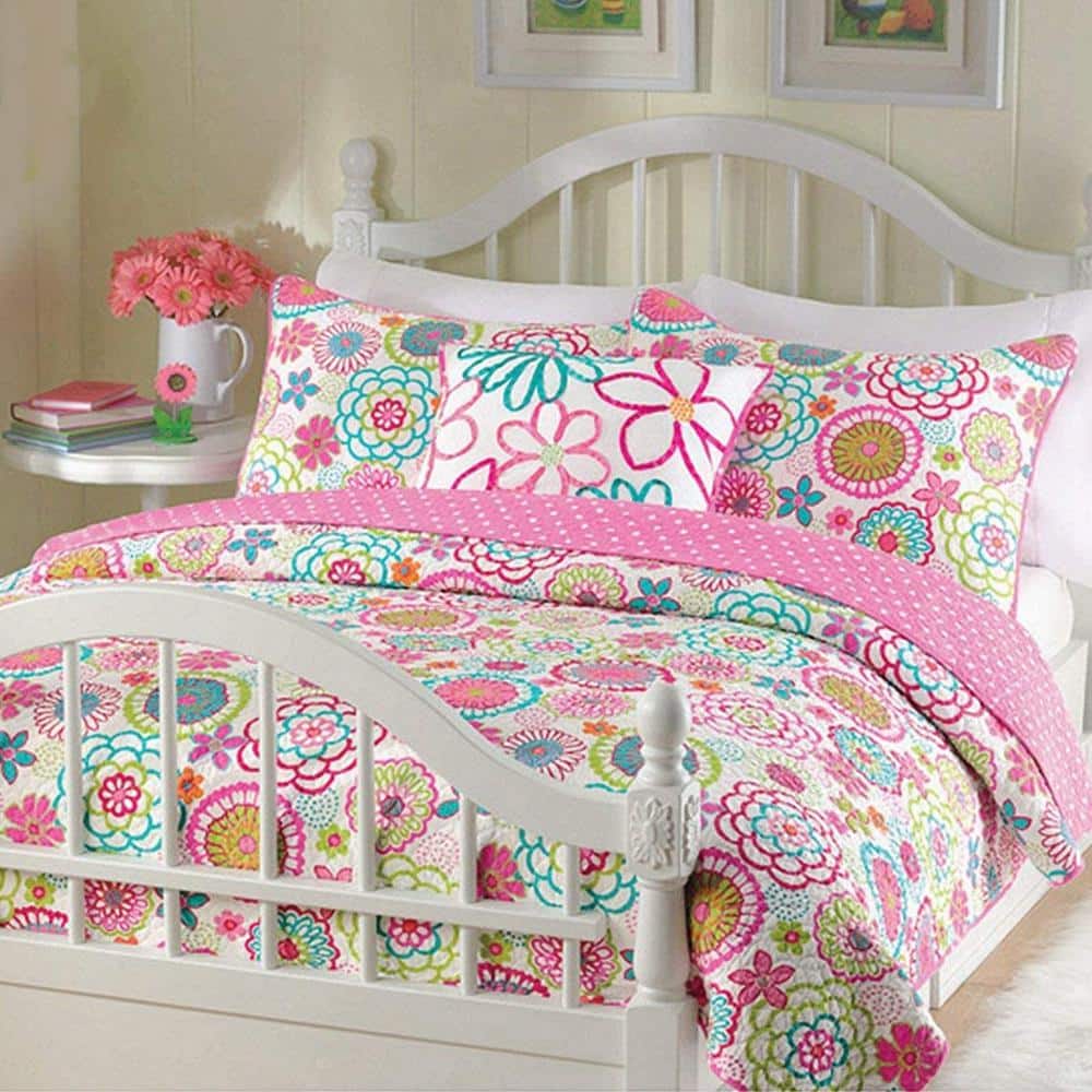 Cozy Line Home Fashions Flower Power Floral 3-Piece Multi-Color Pink Blue  Colorful Bloom Polyester Queen Quilt Bedding Set BB- K-10595Queen - The  Home Depot