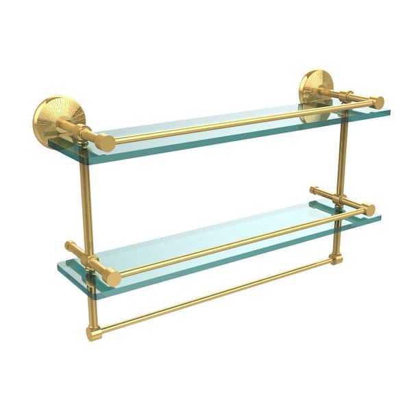 Allied Brass 22 in. L x 12 in. H x 5 in. W 2-Tier Clear Glass Bathroom Shelf with Towel Bar in Polished Brass