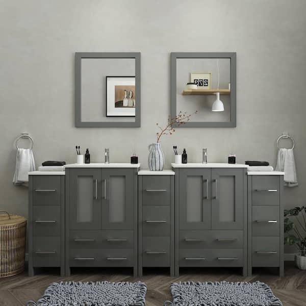 Brescia 84 in. W x 18.1 in. D x 35.8 in. H Double Basin Bathroom Vanity in Grey with Top in White Ceramic and Mirror