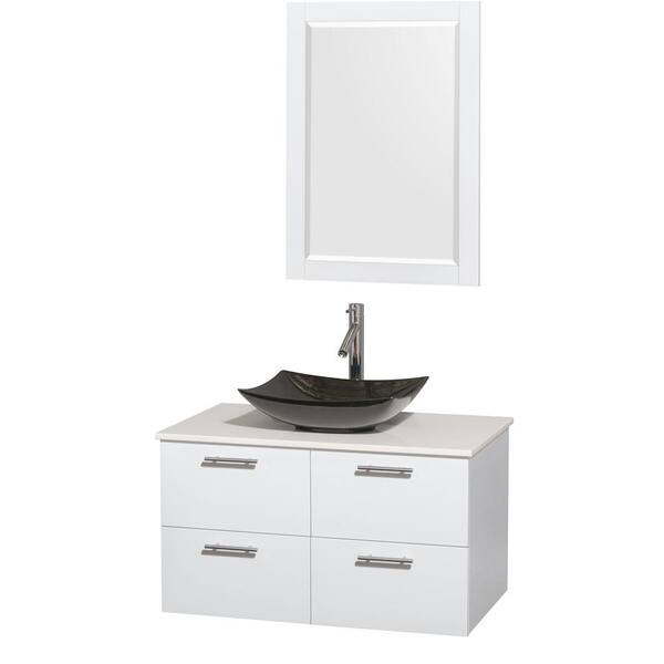 Wyndham Collection Amare 36 in. Vanity in Glossy White with Solid-Surface Vanity Top in White, Granite Sink and 24 in. Mirror