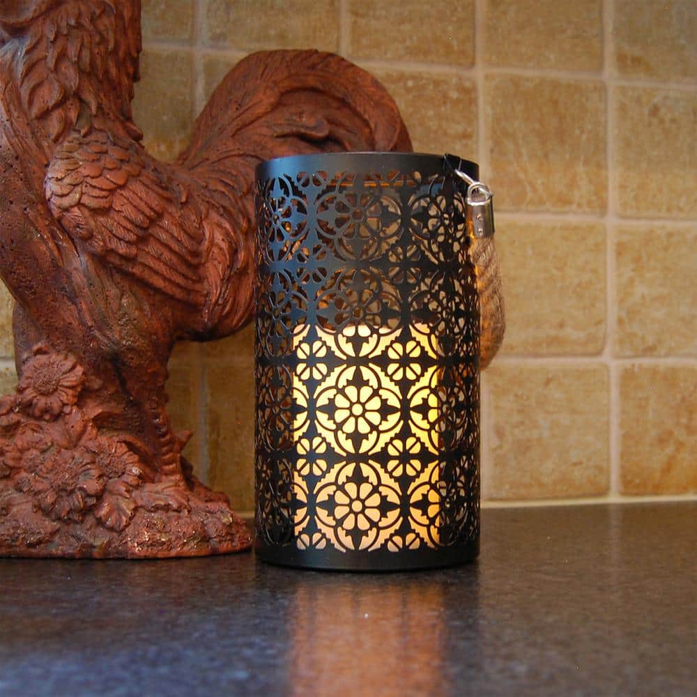 Black Jacquard Metal Hanging Tabletop Lantern with LED Candle