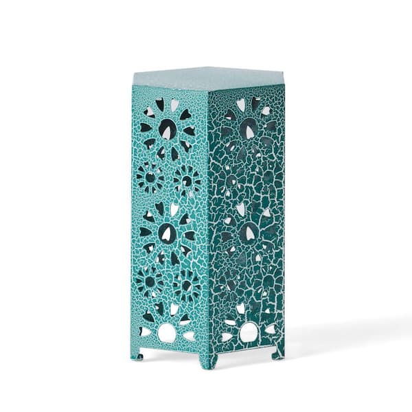 ITOPFOX Teal Iron Floral Pattern Design Outdoor Hollow Modern Hexagon Dining Table Backyard Accent and Patio Furniture Decor