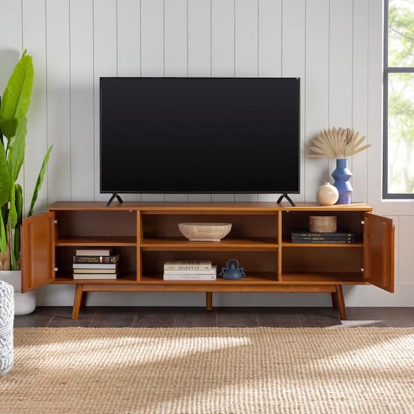 70 in. Mid-Century Modern Caramel Solid Wood TV Stand with 2 Doors (Max TV Size 80 in.)