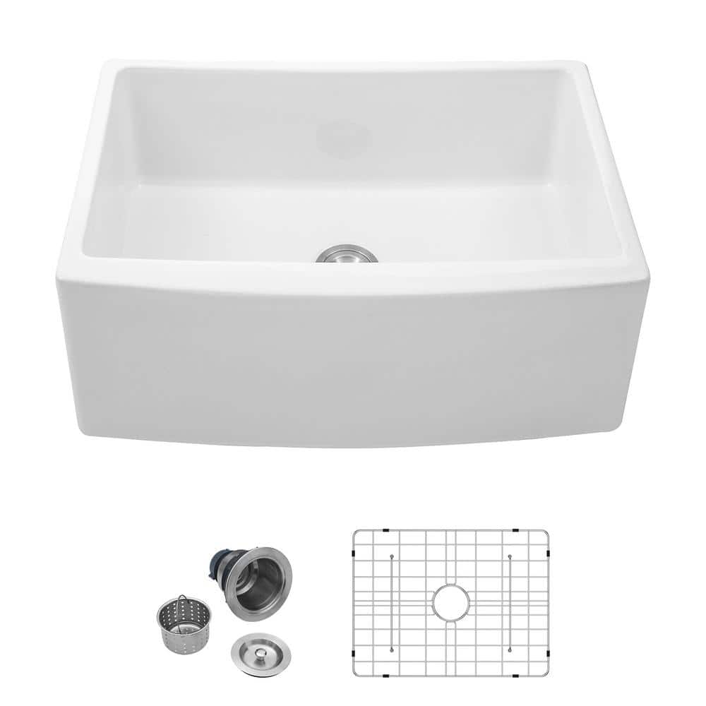 White Ceramic Arch Edge 24 in. Single Bowl Farmhouse Apron Kitchen Sink wit