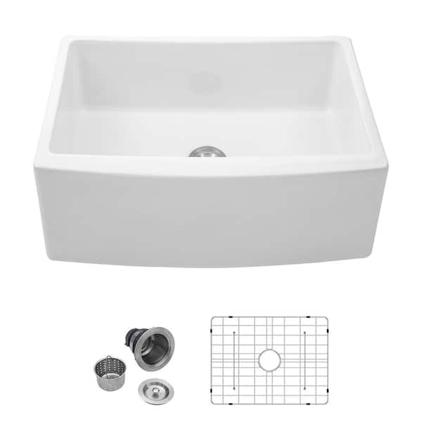 Unbranded White Ceramic Arch Edge 24 in. Single Bowl Farmhouse Apron Kitchen Sink with Grid and Strainer