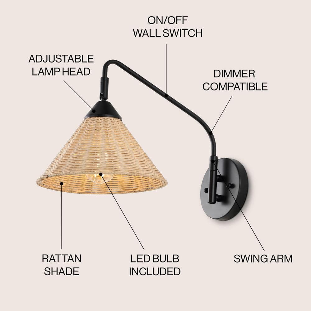 Black Iron Swing Arm Sconce with Natural Woven Shade