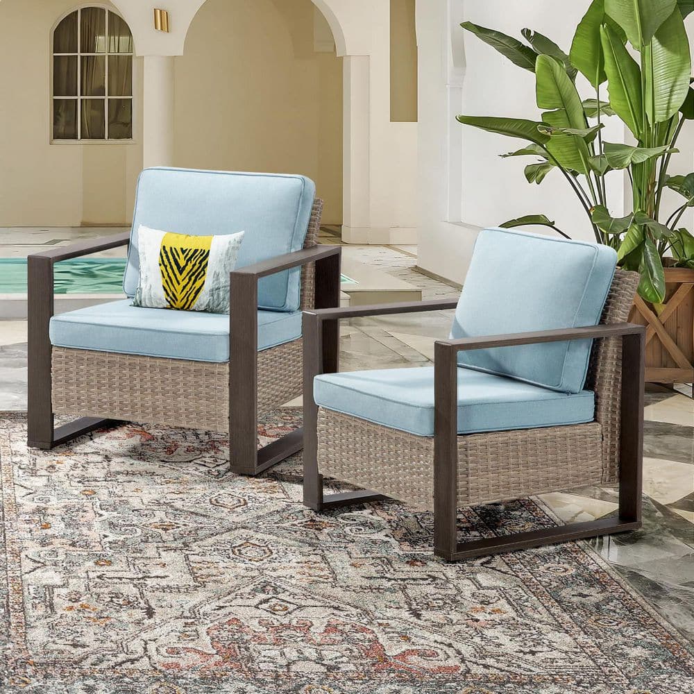 2-Piece Patio Wicker Outdoor Lounge Chair with Metal Frame and Light Blue Cushions price history on PriceWatchPro