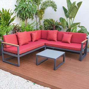Chelsea Modern Black 3-Piece Patio Sectional Seating Set With Adjustable Headrest & Coffee Table With Red Cushions