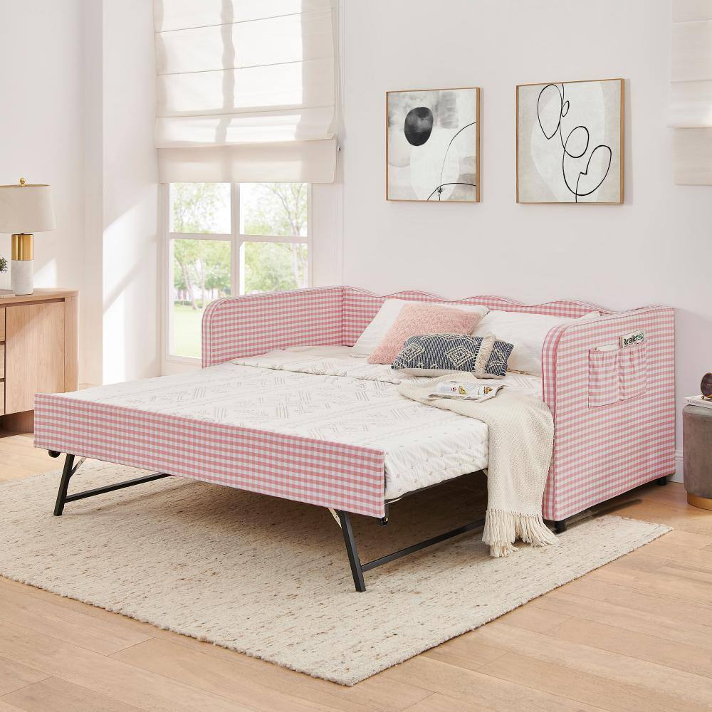 Pink Twin Size Upholstered Daybed with Pull‑Out Trundle and Side Storage Pockets