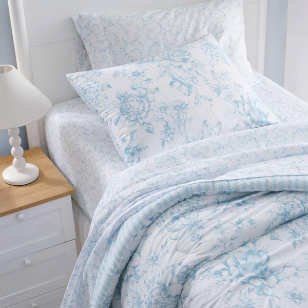 Laura Ashley Delphine 5-Piece Light Blue Microfiber Twin Bed in a