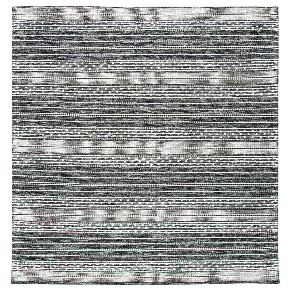 Boho-Chic Black and Ivory Striped Kilim 3' Square Wool-Cotton Rug