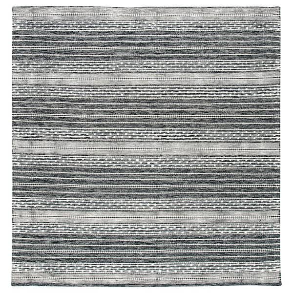 Striped Kilim Black Ivory Doormat 3 ft. x 3 ft. Striped Square Area Rug