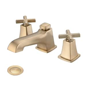8 in. Widespread Double-Handles Low Arc Spout Bathroom Faucet with Drain Kit Included in Brushed Gold