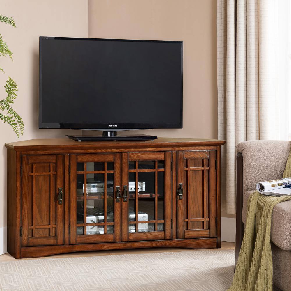 Mission Oak Adjustable Corner TV Stand with Glass Doors, 56"