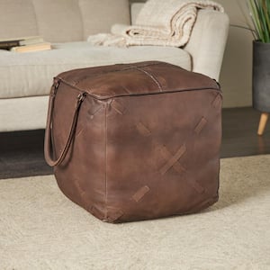 19 in. Dark Brown Leather with Woven Straps and Handles Pouf