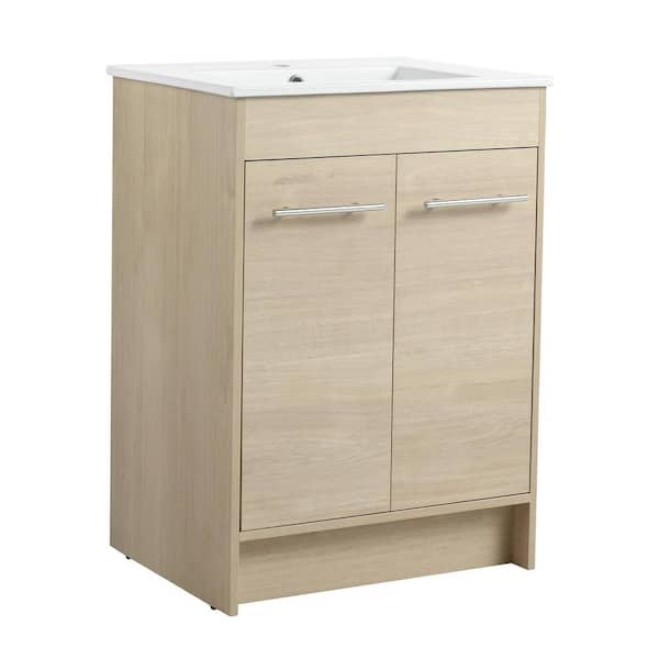 Boosicavelly 24.00 in. W x 18.10 in. D x 33.80 in. H Single Sink Freestanding Bath Vanity in Plain Light Oak with White Ceramic Top
