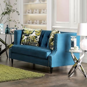 Orab 63 in. Dark Teal and Apple Green Fabric 2-Seat Loveseat with Nailheads
