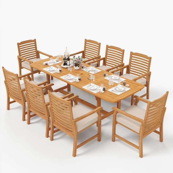 9-Piece Brown Acacia Wood Patio Outdoor Dining Set with Extendable Table and Wooden Chairs with Beige Cushions