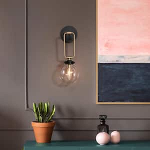Modern Bedroom Wall Light 1-Light Black & Brass Wall Sconce Light Bathroom Vanity Light with Clear Glass Shade